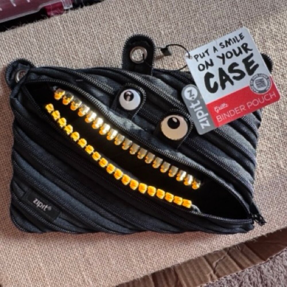 Zip It Binder Pouch (Pencil Bag) - Black with Gold Zipper Mouth & Eyes